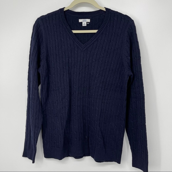 CROFT & BARROW V-NECK BLACK SOFT LONG SLEEVE BRAIDED DESIGN SWEATER MEDIUM - Picture 1 of 3